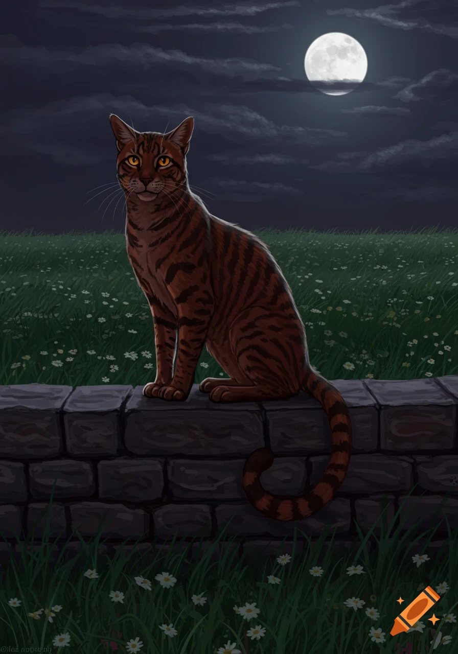 A reddish-brown tabby cat with orange eyes sits on a stone wall at night under a full moon, with a field of white flowers.