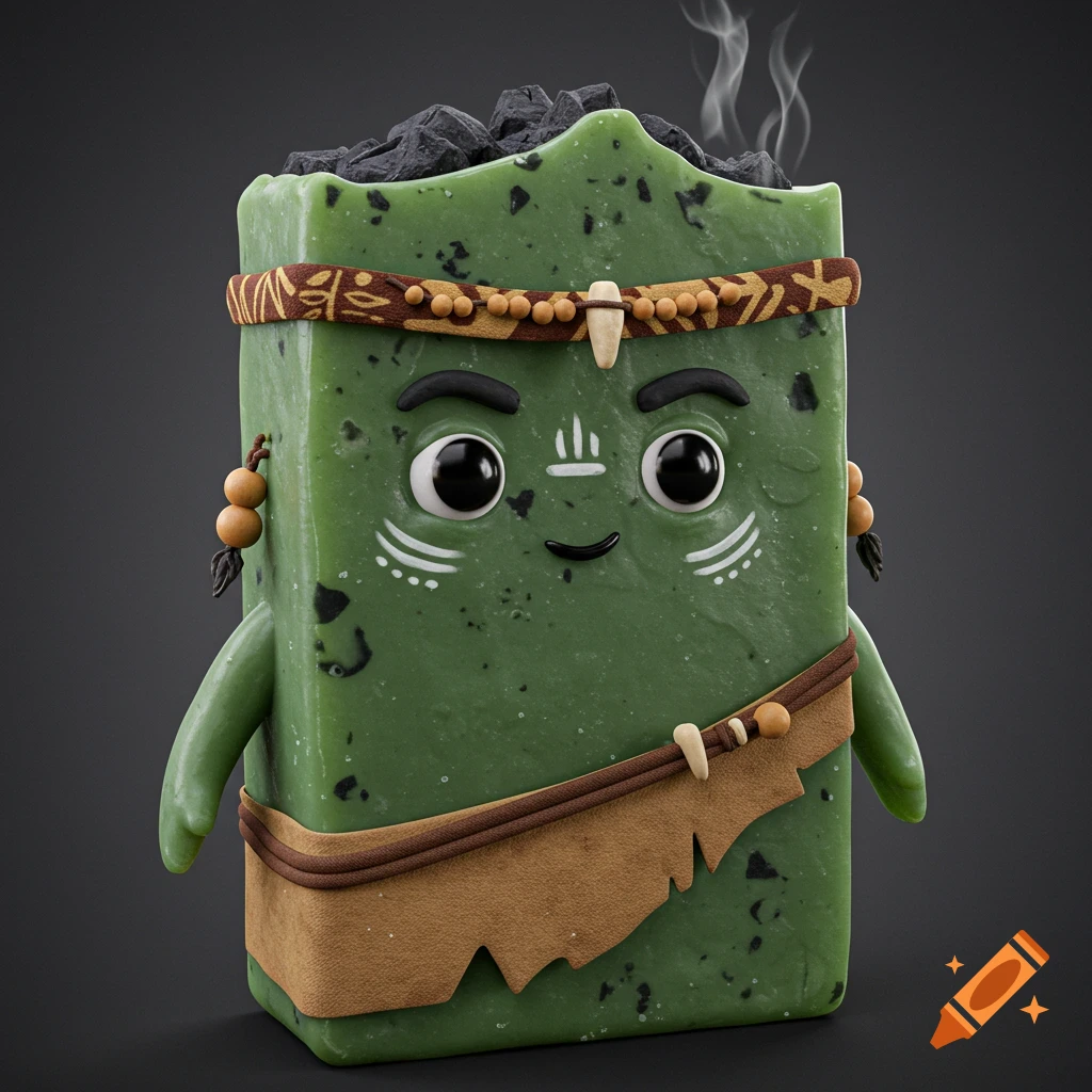 A cute green rectangular soap bar character with large eyes, tribal face paint, a patterned headband, beads, and smoke rising from its top.