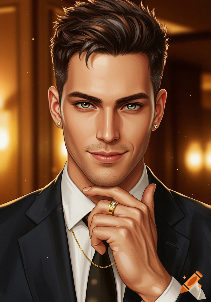 A stylized digital art portrait of a man with dark hair and green eyes, wearing a suit, gold necklace, and diamond ring, hand on his chin.