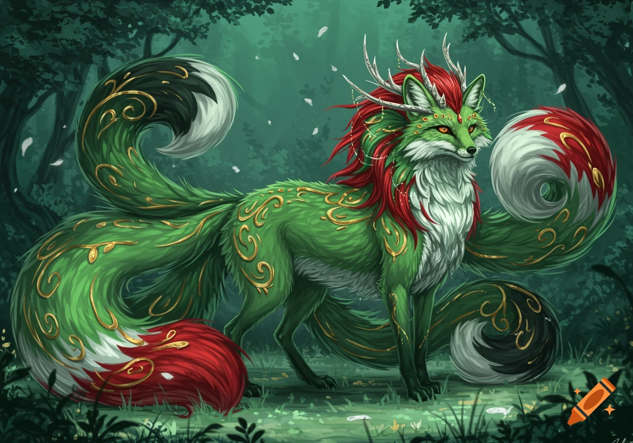 A vibrant digital painting of a majestic green fantasy fox with a red and white mane, antlers, and multiple tails with gold swirls, standing in a dark green forest.