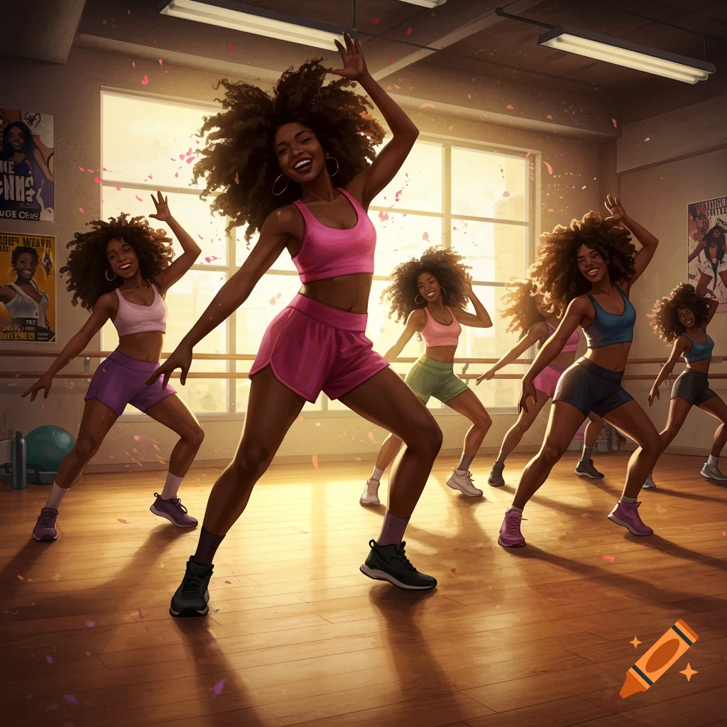 Group of Black women with curly hair dancing in a bright studio, wearing athletic shorts and sports bras, with petals falling.