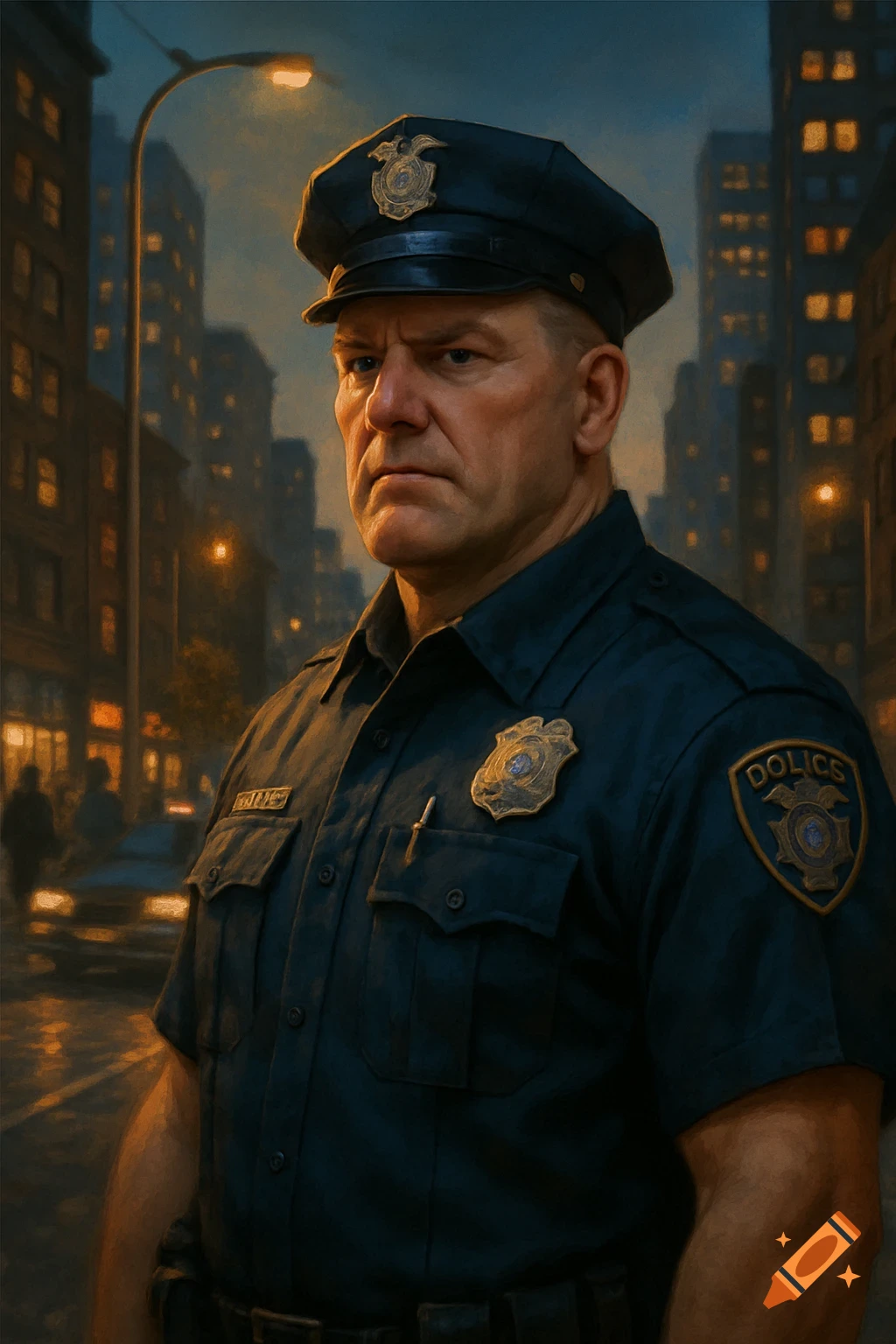 A stoic male police officer in a dark blue uniform and hat stands on a city street at night in a painterly style.