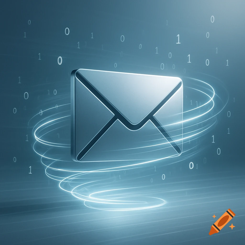 A silver email envelope icon with glowing white lines swirling around it and binary digits in the background on a blue-gray gradient.