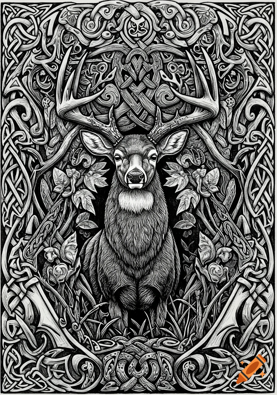 Black and white intricate illustration of a deer with large antlers, surrounded by dense Celtic knotwork and leaves.