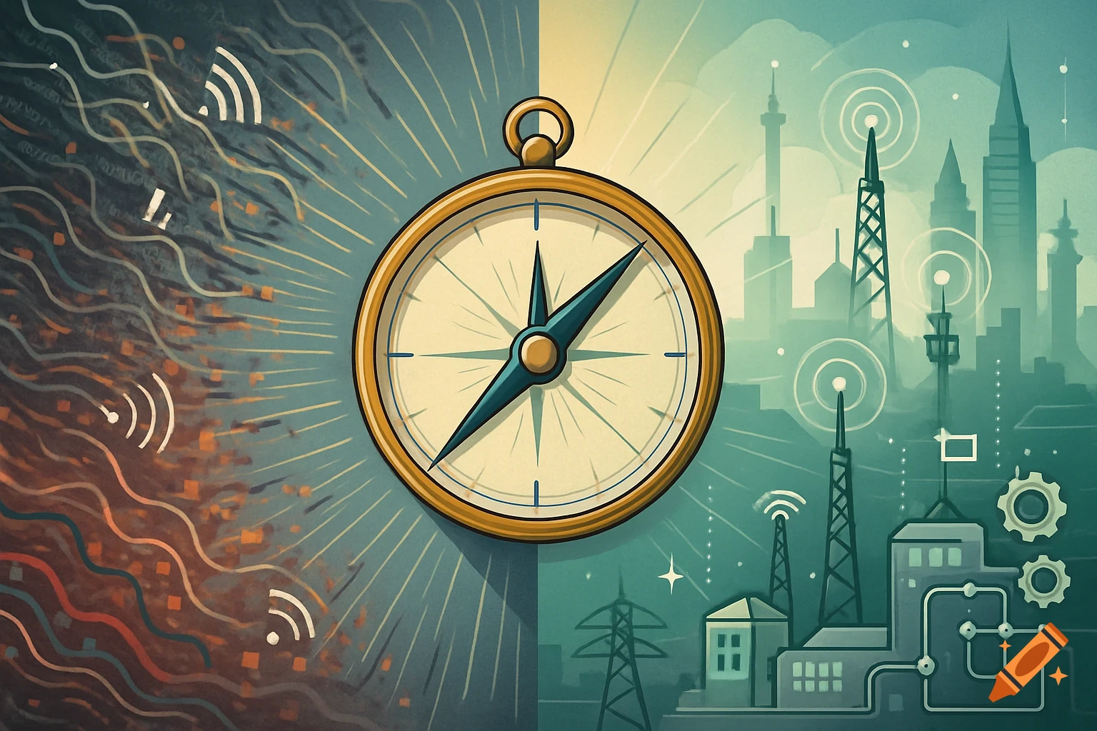 An illustration of a compass dividing abstract chaotic lines and a city skyline with communication towers, symbolizing technological guidance.