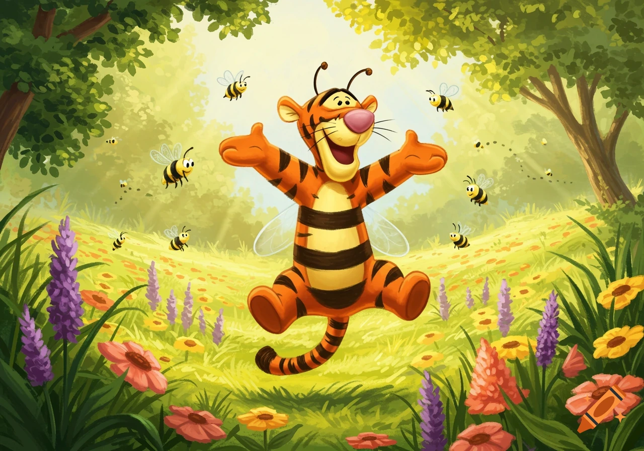 A happy cartoon Tigger, dressed as a bee with wings and antennae, jumps in a vibrant, sunlit meadow filled with flowers and flying bees.