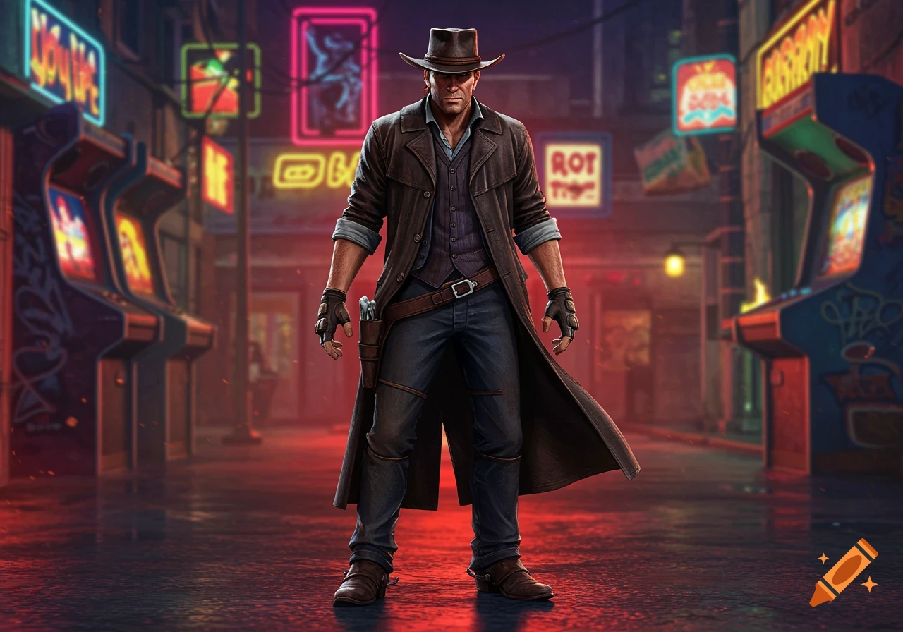 A man in a trench coat and cowboy hat stands in a neon-lit cyberpunk alley with arcade machines, in a detailed, vibrant art style.