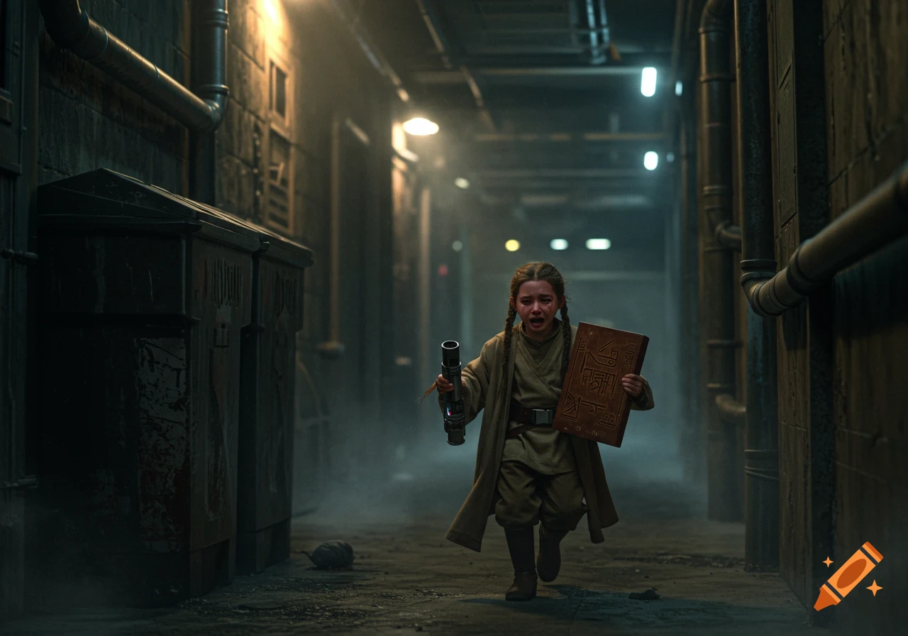 A distraught young girl with braids and robes runs through a dark, misty alley, holding a lightsaber-like object and an engraved block.
