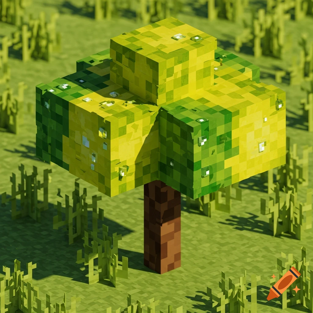 A blocky, pixelated Minecraft-style lemon tree sapling with a brown trunk and yellow-green leaves, standing on a pixelated green grass field.