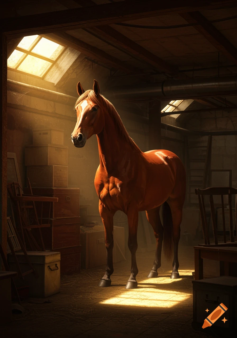 Photorealistic image of a brown horse standing in a dusty, sunlit barn interior with stacked boxes.