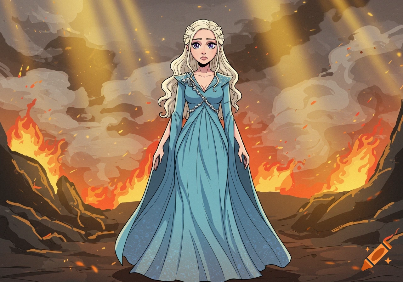 Cartoon Daenerys Targaryen in a blue dress stands before a fiery landscape under a dramatic sky.