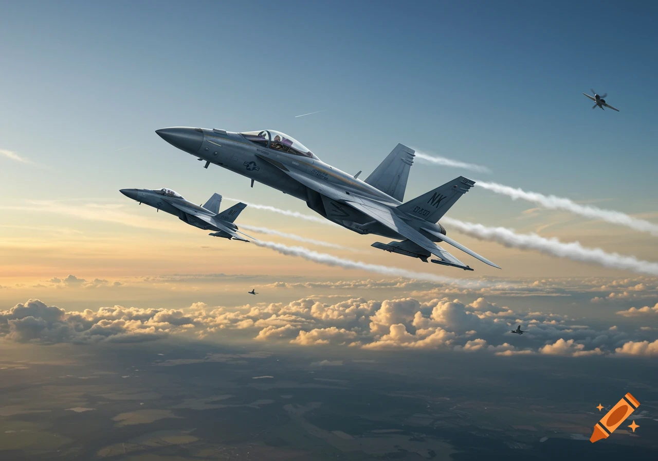 Two photorealistic F-18 fighter jets fly in formation above clouds against a sunset sky.