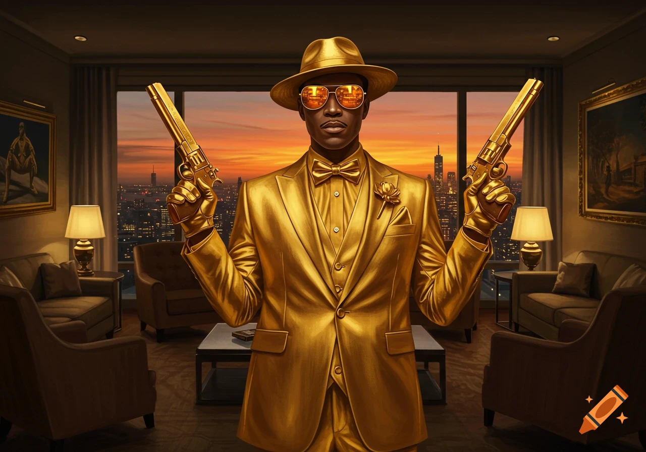 A man in a gold suit, hat, and sunglasses holds two golden pistols in a luxurious apartment overlooking a city at sunset. Photorealistic.
