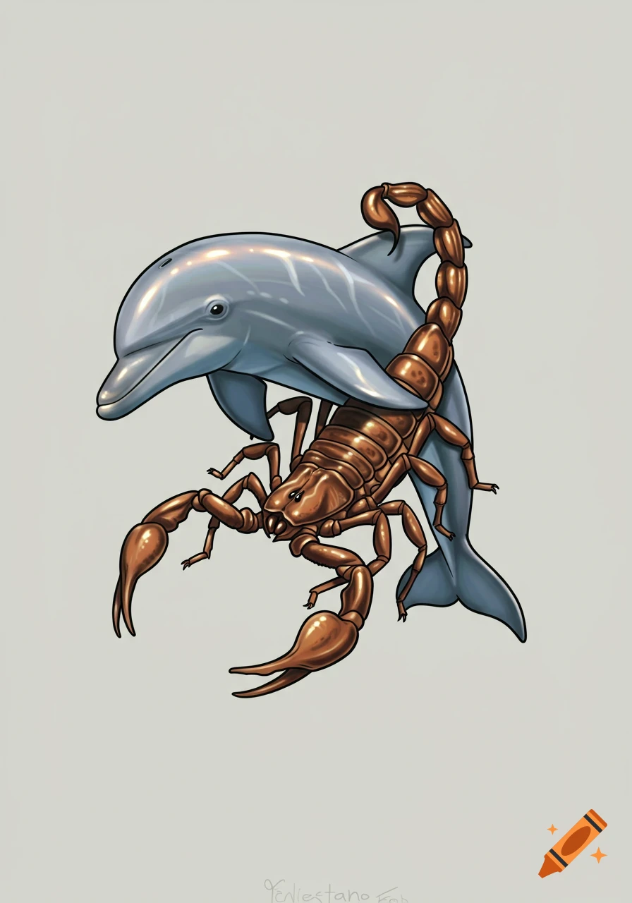 A stylized illustration of a gray dolphin and a brown scorpion intertwined, resembling a tattoo design.