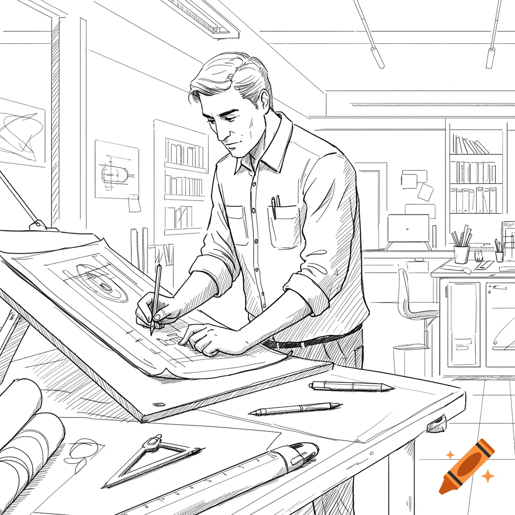 A line drawing depicts an engineer or architect meticulously drawing a blueprint at a drafting table in an office.