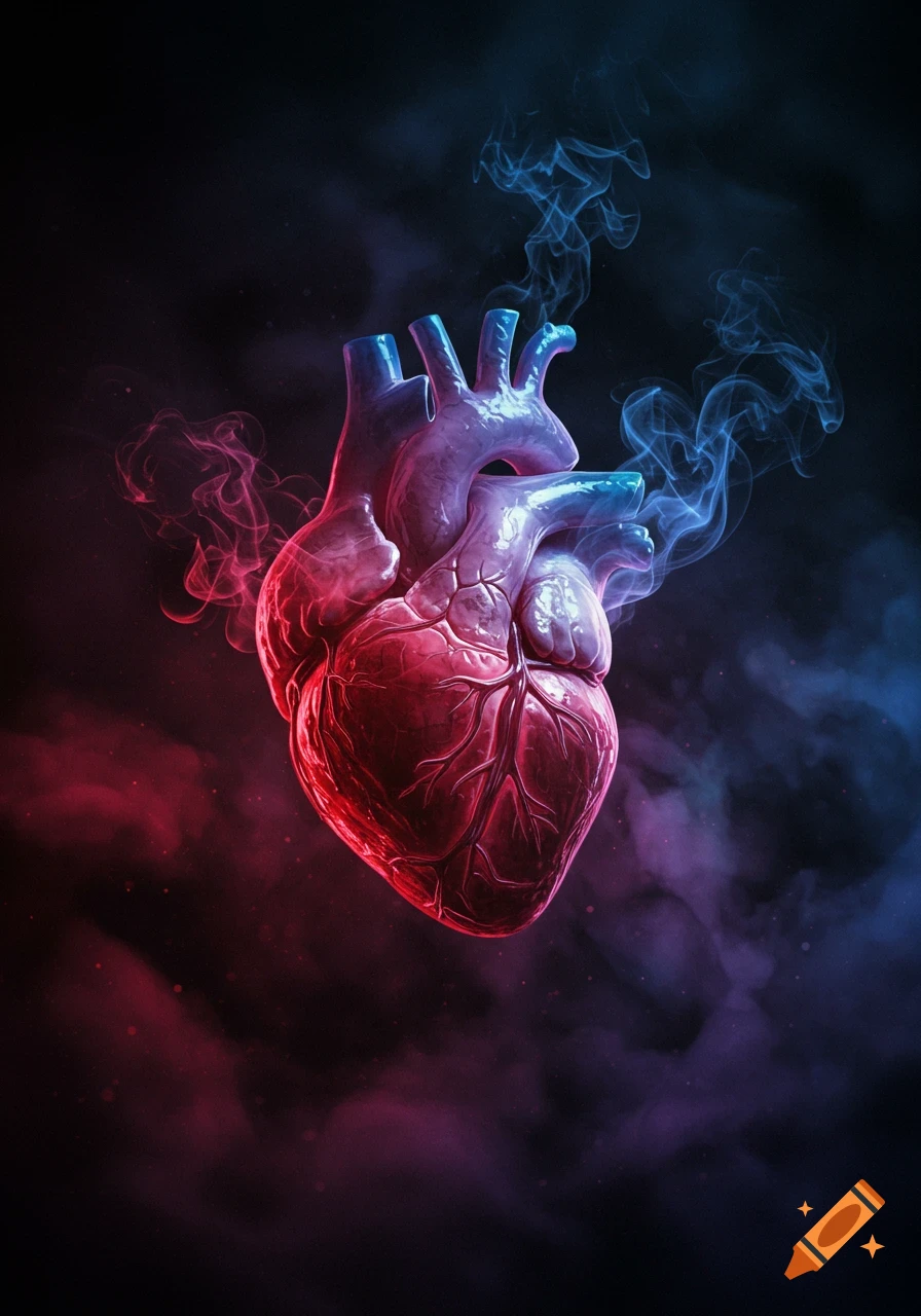 Stylized human heart glowing red and blue, with smoky effects, against a dark background.