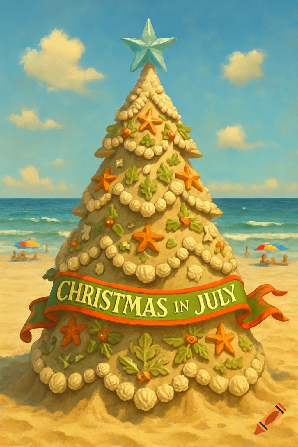 A sandcastle Christmas tree on a sunny beach, decorated with starfish and shells, with a banner reading 'CHRISTMAS IN JULY'.