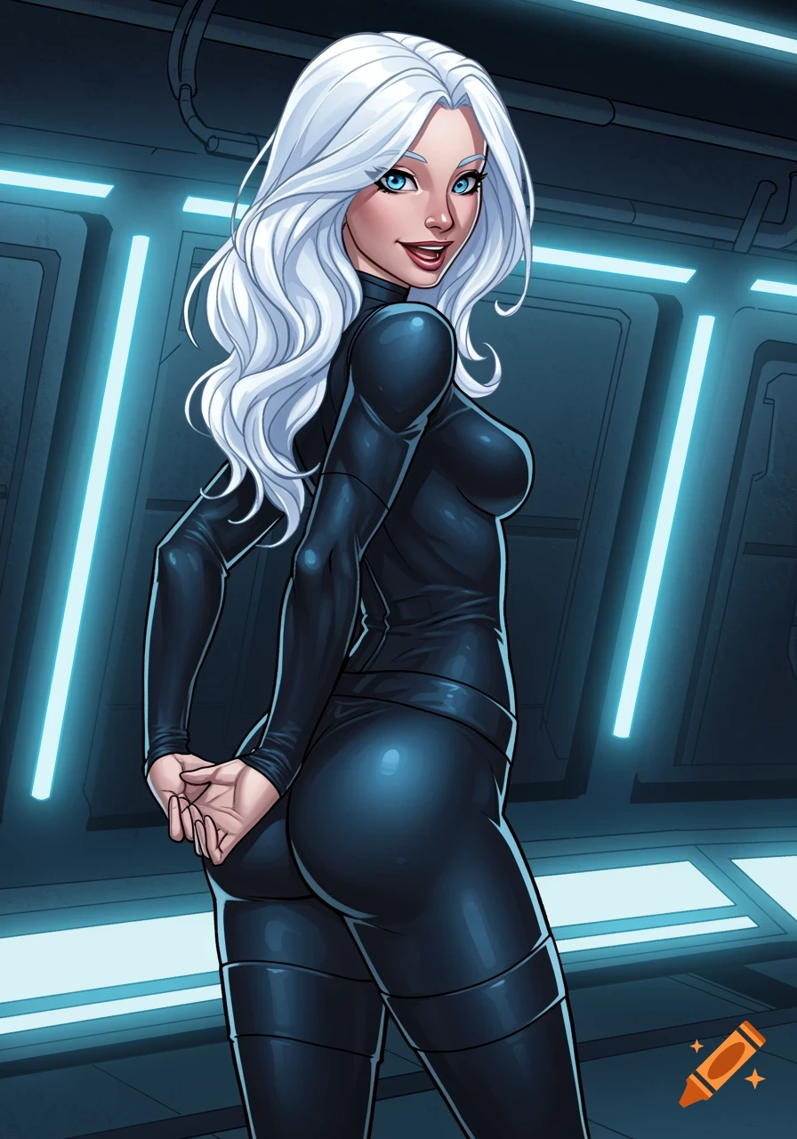 Comic book style portrait of a white-haired woman in a black X-Men suit posing in a futuristic interior.