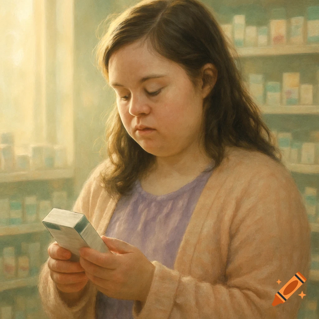 A woman with Down syndrome intently examines a white medication box in her hands, with blurred shelves of other boxes in the background, likely in a pharmacy.