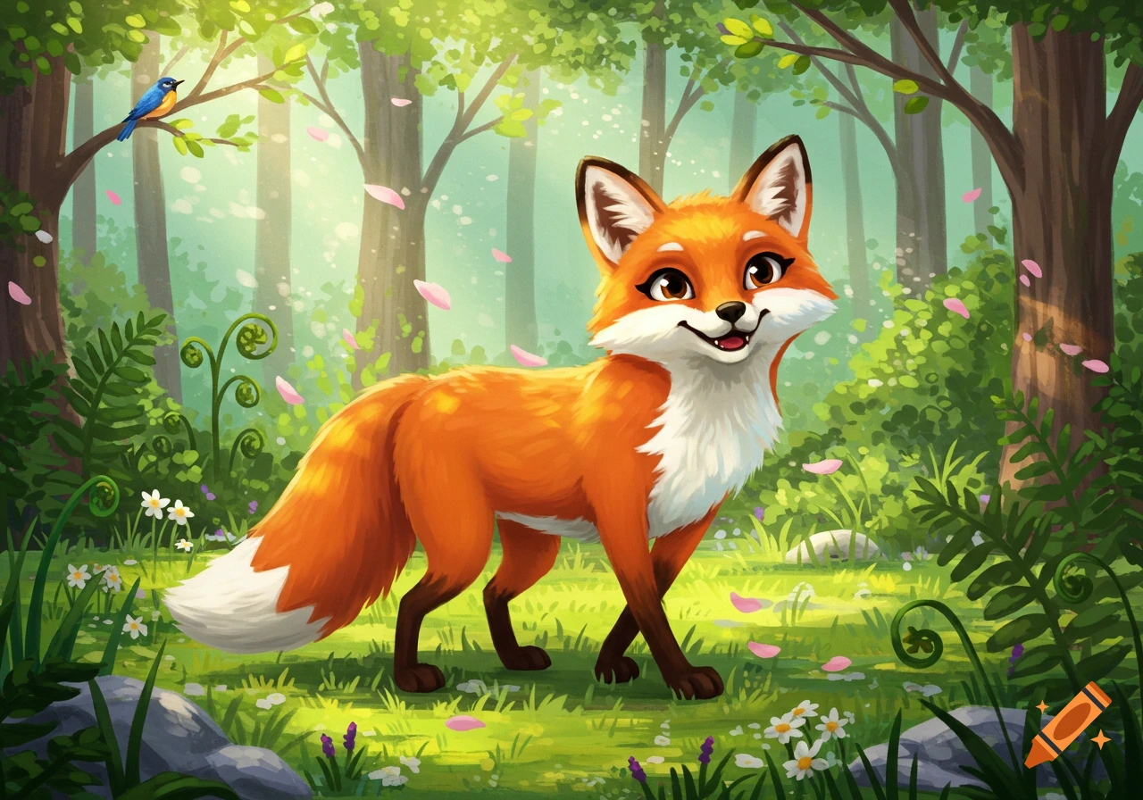 A cute, smiling cartoon fox stands in a bright, lush forest with dappled sunlight and falling pink petals.