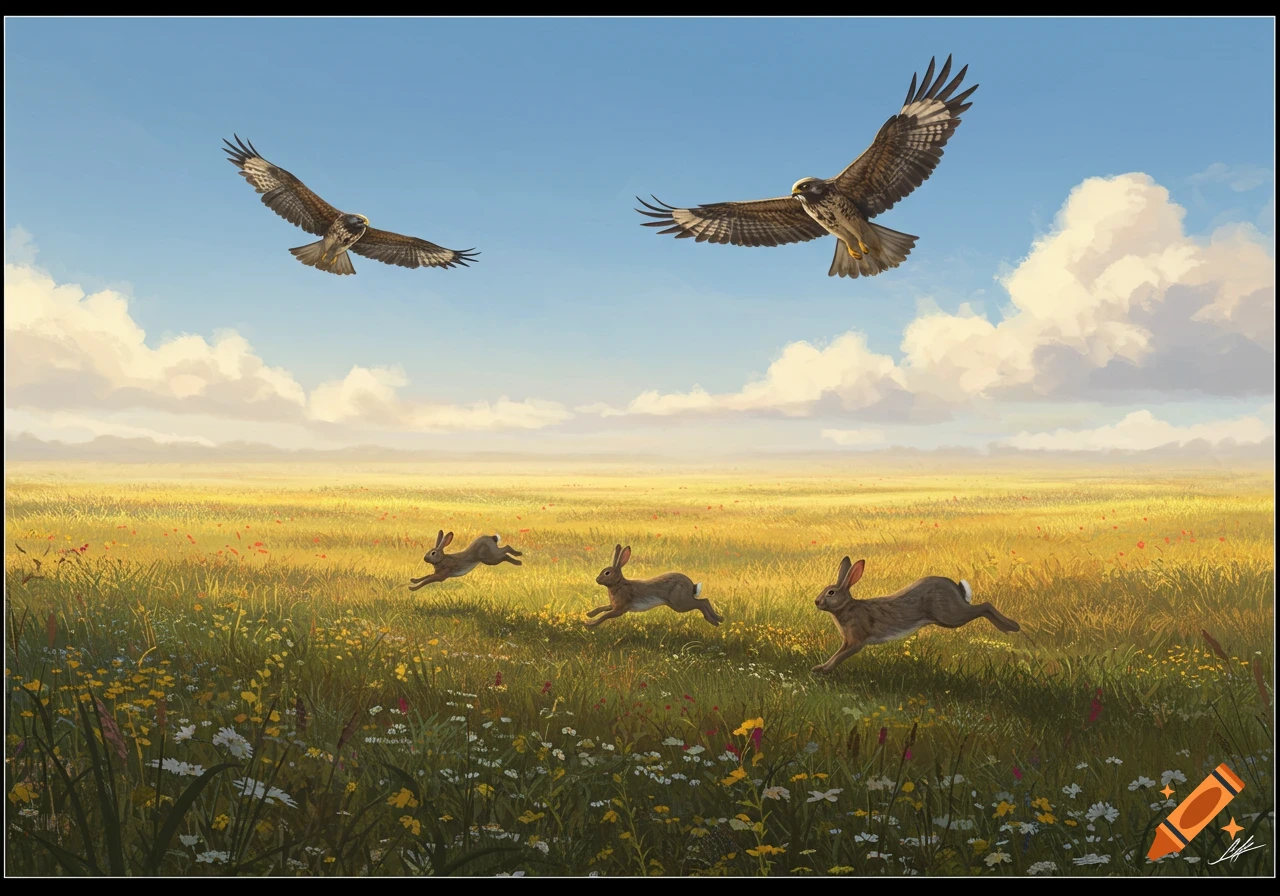 Two hawks fly above three rabbits running through a vibrant, flower-filled field under a blue sky with clouds in a painterly style.