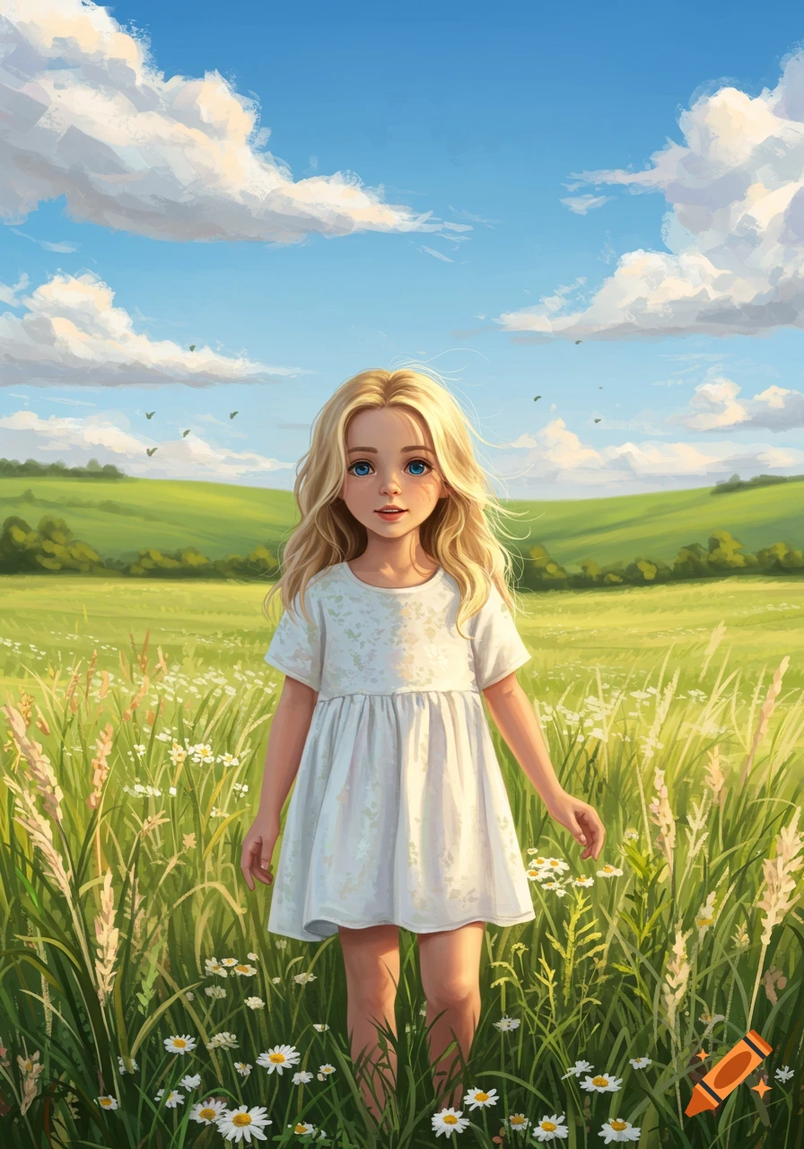 A blonde girl in a white dress stands in a sunny field of wildflowers under a blue sky, digital painting.