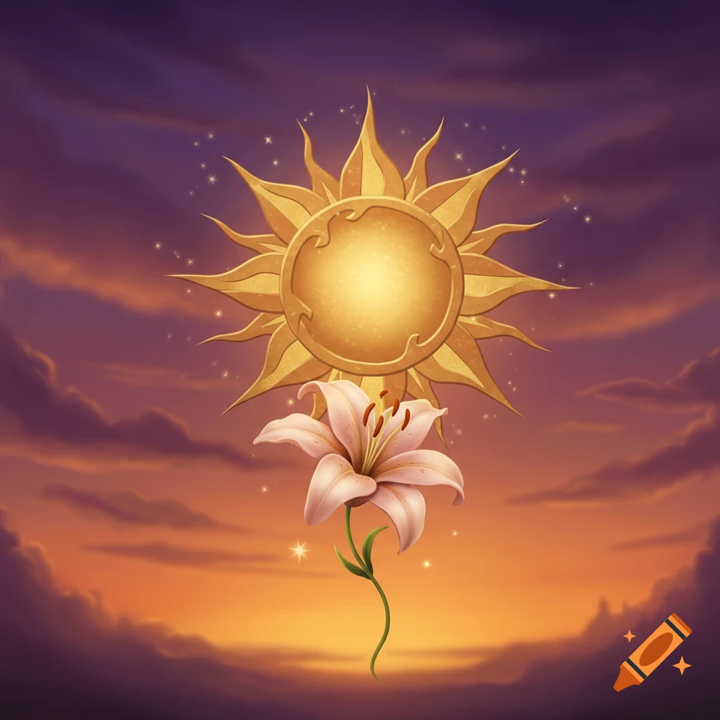 An illustration of a golden sun emblem with a pink lily flower beneath it, set against an orange and purple cloudy sunset sky.