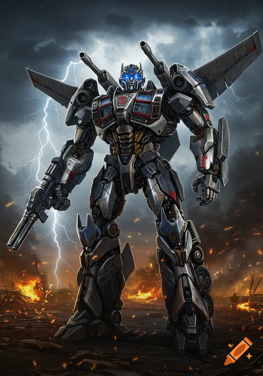 A detailed illustration of a powerful Transformers Autobot, heavily armed and featuring jet wings, standing on a desolate, fiery battlefield under a stormy sky with lightning.