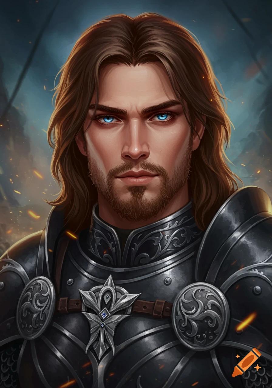 A close-up portrait of a handsome male paladin with long brown hair, blue eyes, and a beard, wearing detailed black armor.