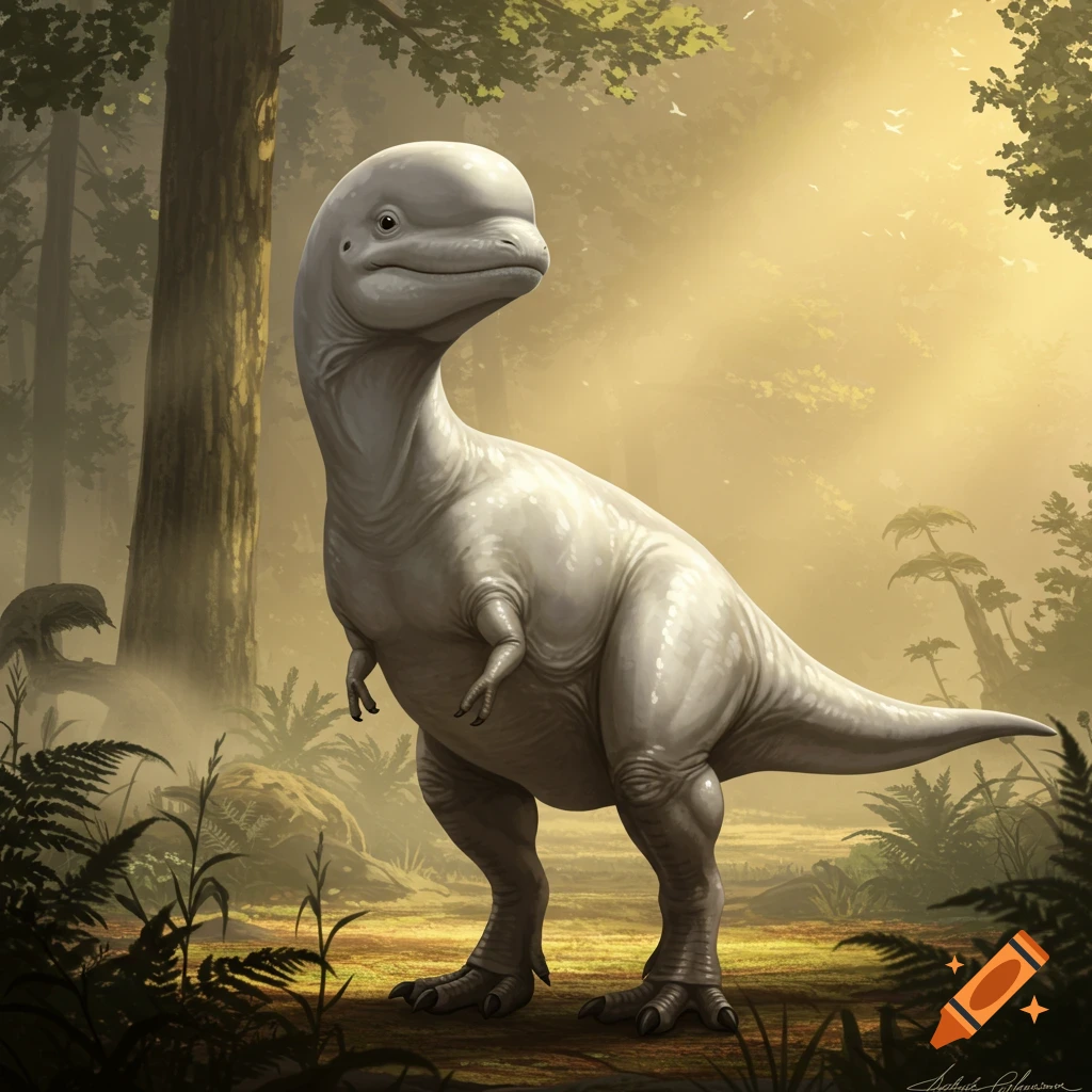 A beluga-headed T-Rex dinosaur stands in a lush prehistoric forest with sun rays filtering through the trees.