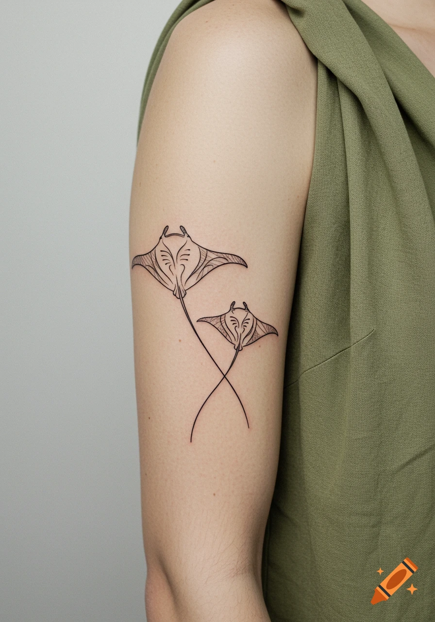 Two minimalist black line manta ray tattoos on a person's upper arm, with a plain light gray background.