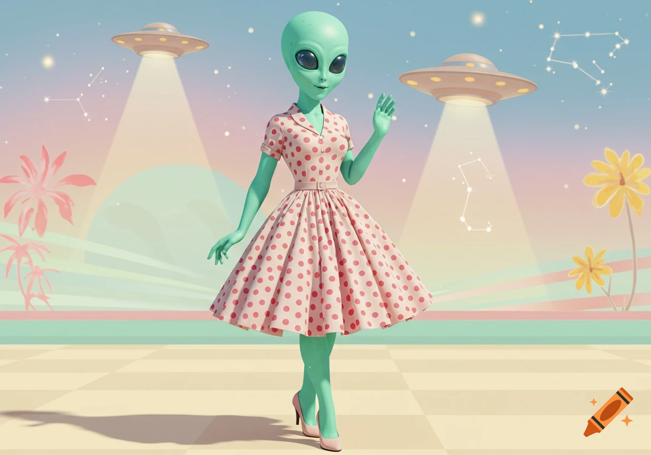 A stylized green alien woman in a pink polka dot dress and heels stands with two UFOs beaming light, constellations, and abstract flowers in a pastel 50s-style scene.