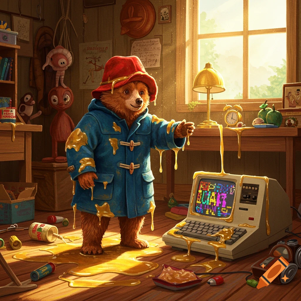 Paddington Bear stands in a messy room, covered in dripping yellow honey, next to a vintage computer also coated in the goo.
