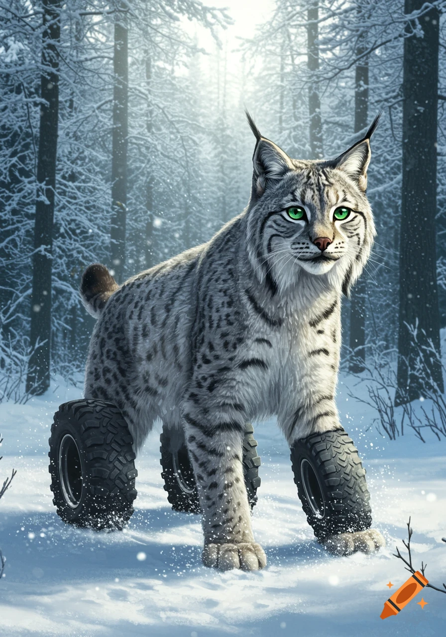 A majestic Canadian lynx with bright green eyes stands in a snowy forest, its paws replaced by large off-road tires.