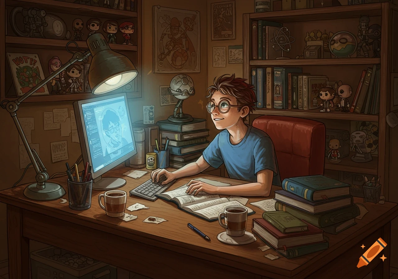 An illustration of a young man with glasses sitting at a cluttered desk, working on a computer and surrounded by books, a lamp, and various objects.
