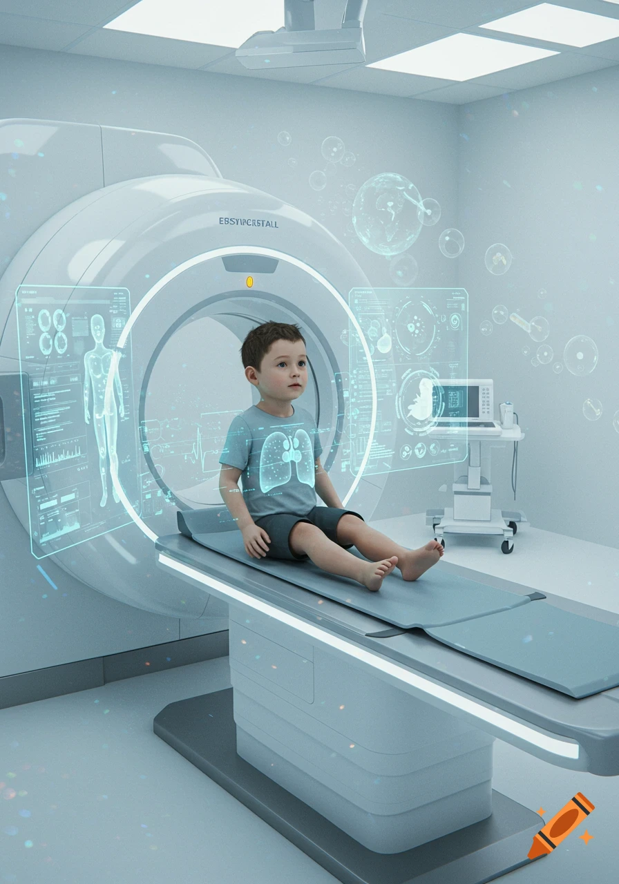 A young boy sits on a bed ready for a full body medical scan in a futuristic, sterile examination room with holographic displays.