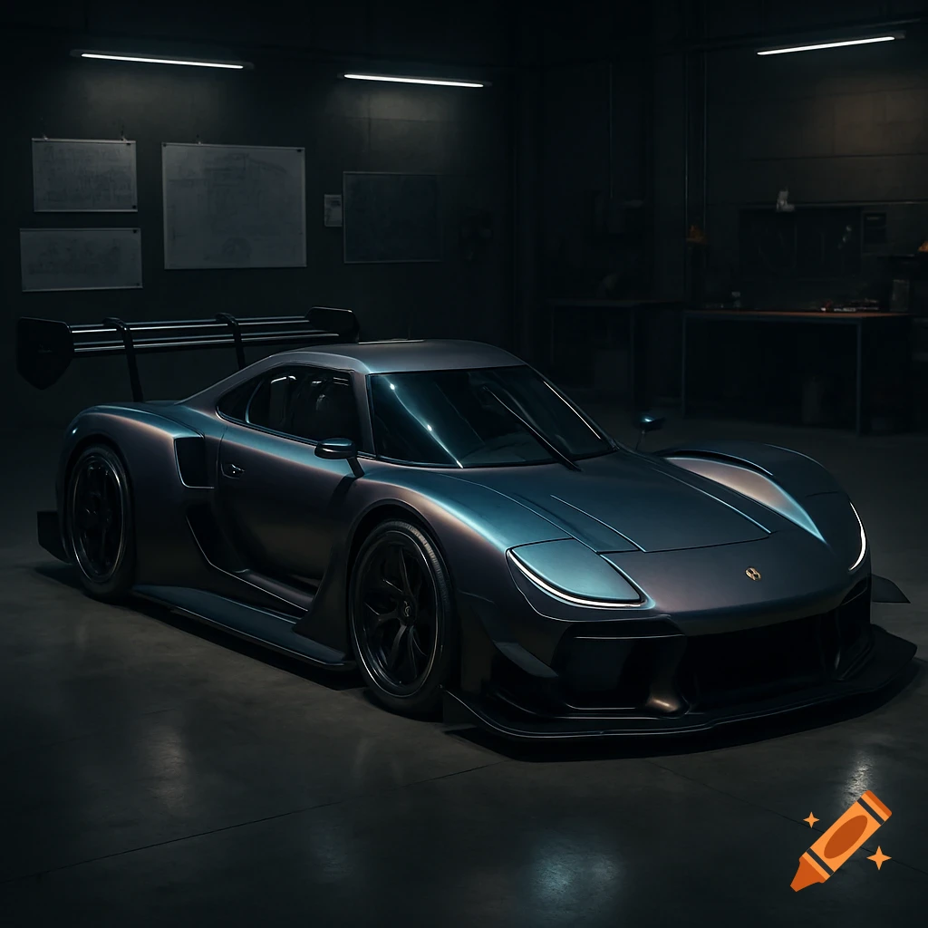 A dark metallic sports car with a large rear spoiler parked in a dimly lit garage, illuminated by overhead lights.