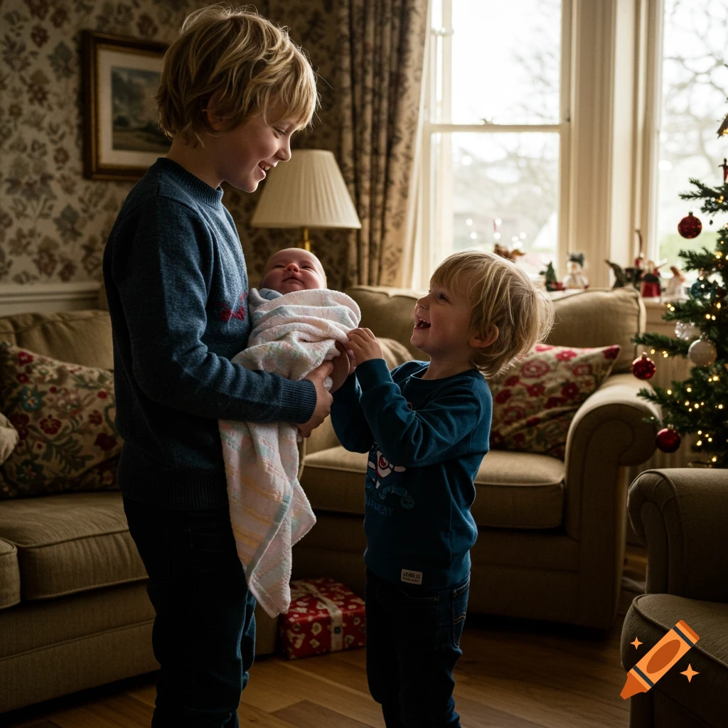 An older boy holds a baby, while a younger boy looks up at them smiling in a cozy living room with a Christmas tree.