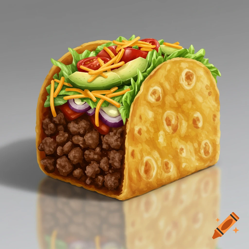 A cuboid-shaped taco filled with ground meat, lettuce, tomatoes, avocado, cheese, and red onion, with a reflection on a grey background.