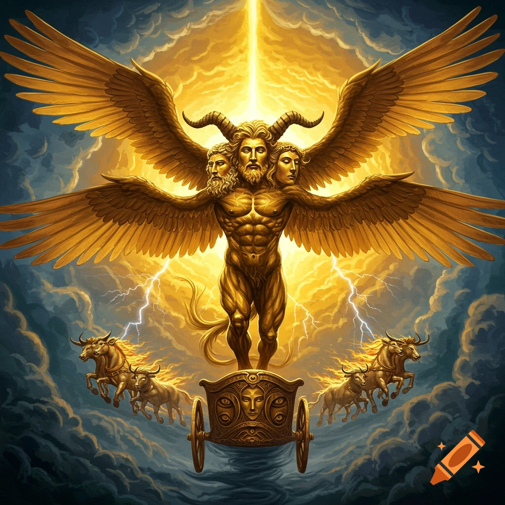 A majestic golden winged creature with multiple heads and horns stands on a chariot pulled by bulls amidst golden light and lightning.