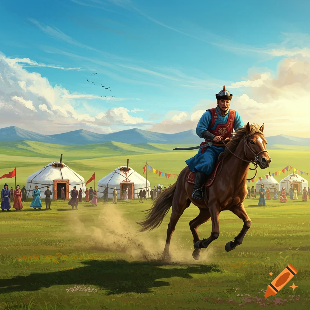 A Mongolian man in traditional attire rides a brown horse across a grassy plain, with yurts and people in the background.