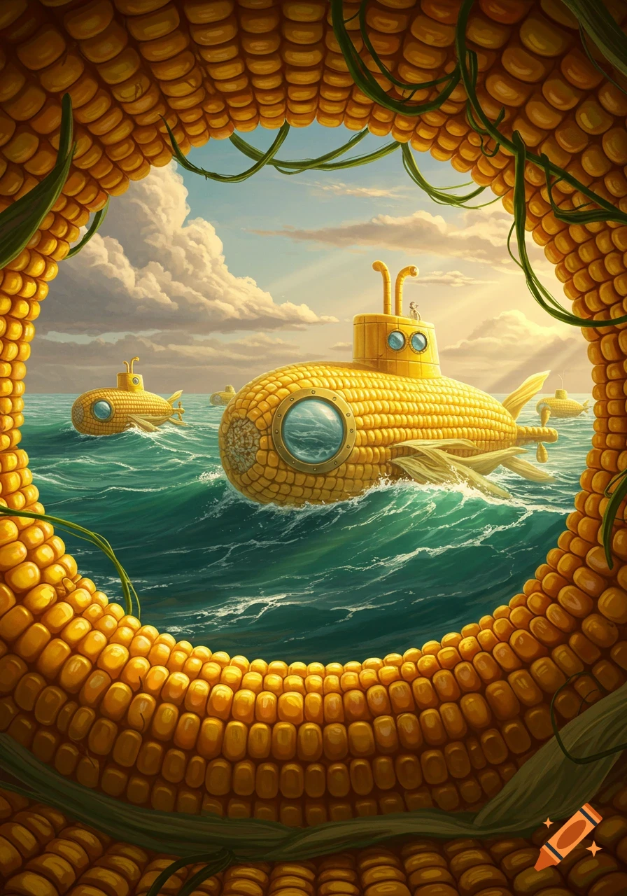 Yellow corn submarines float on a blue-green sea under a cloudy sky, framed by giant corn husks.