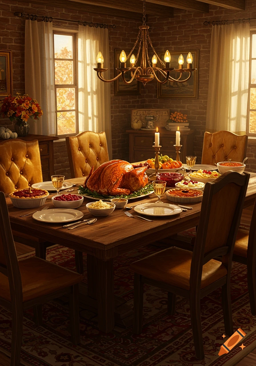 A photorealistic Thanksgiving dinner scene with a roasted turkey and many side dishes on a wooden table in a cozy dining room with brick walls.