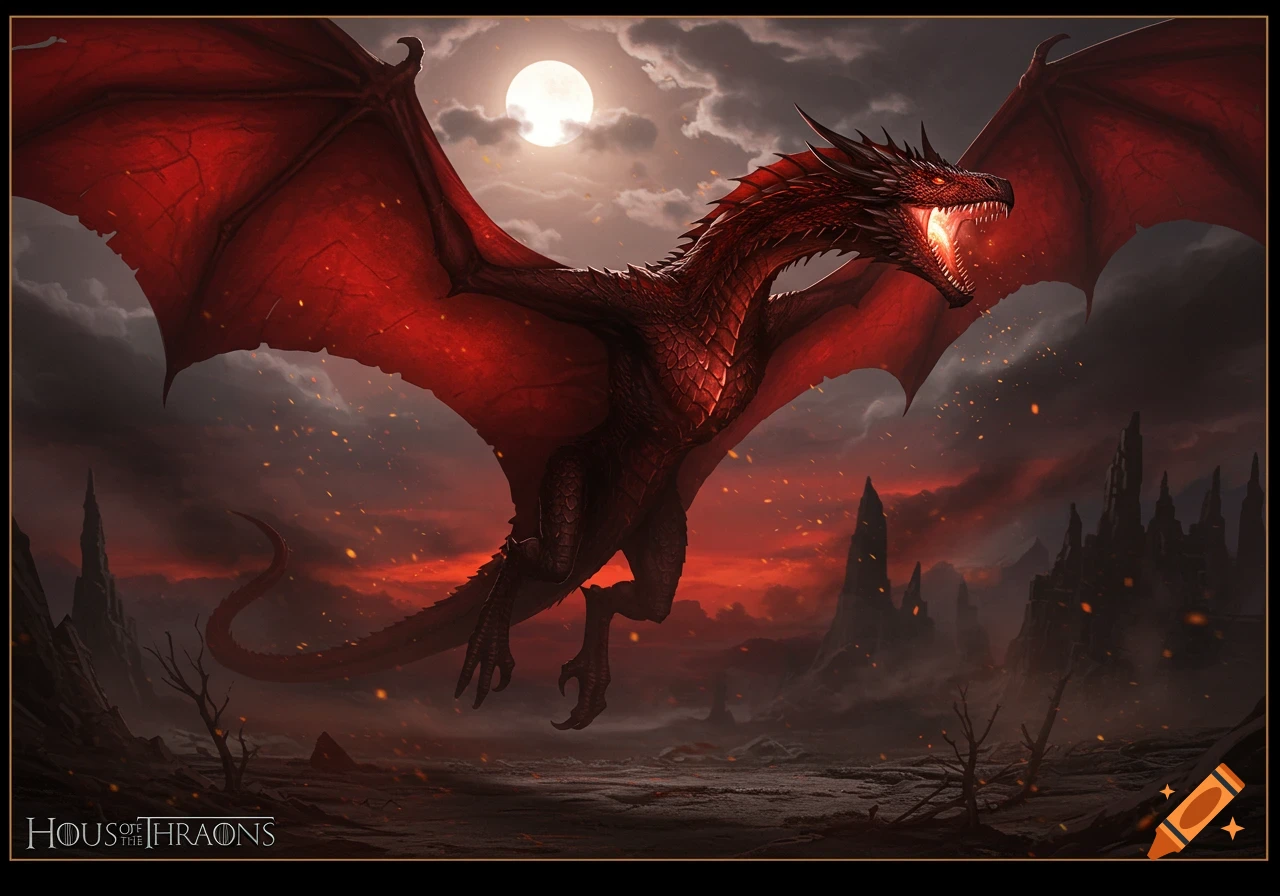 A majestic red dragon with glowing eyes and fiery breath soars under a bright full moon in a desolate, jagged landscape filled with smoke and embers.