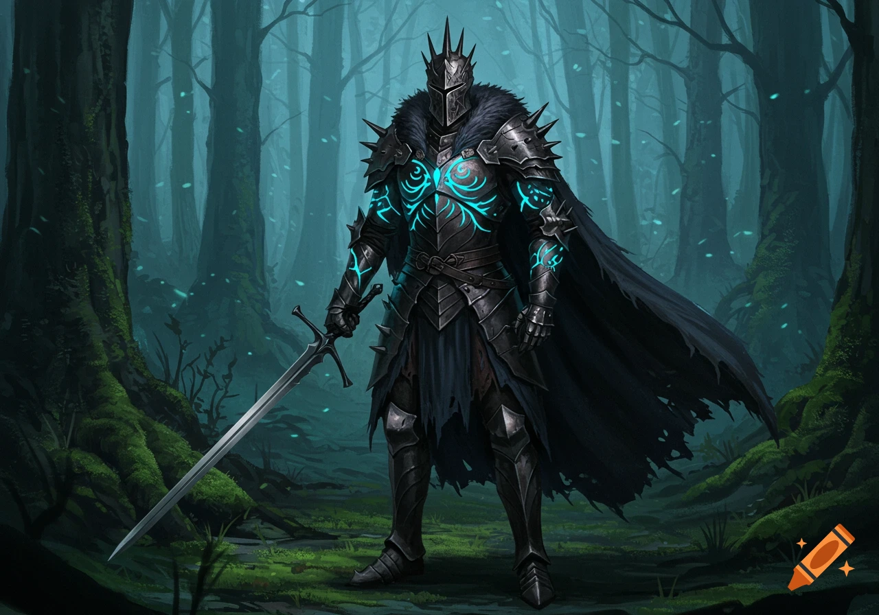 A mysterious knight in spiked black armor with glowing blue patterns, a fur collar, and a cape, holding a sword in a dark, misty forest.