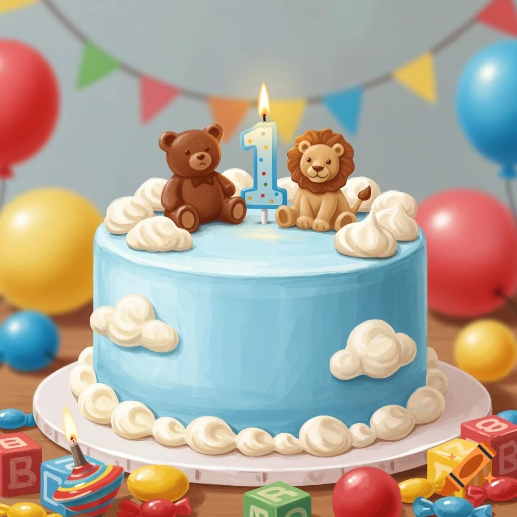 Cute illustration of a blue birthday cake with a number one candle, teddy bear, lion cub, balloons, and toy blocks.