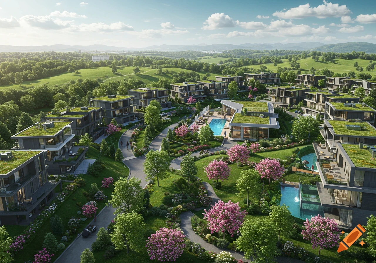 An aerial view of a master-planned community with modern houses featuring green roofs, winding roads, lush green landscaping, pink flowering trees, and a swimming pool.