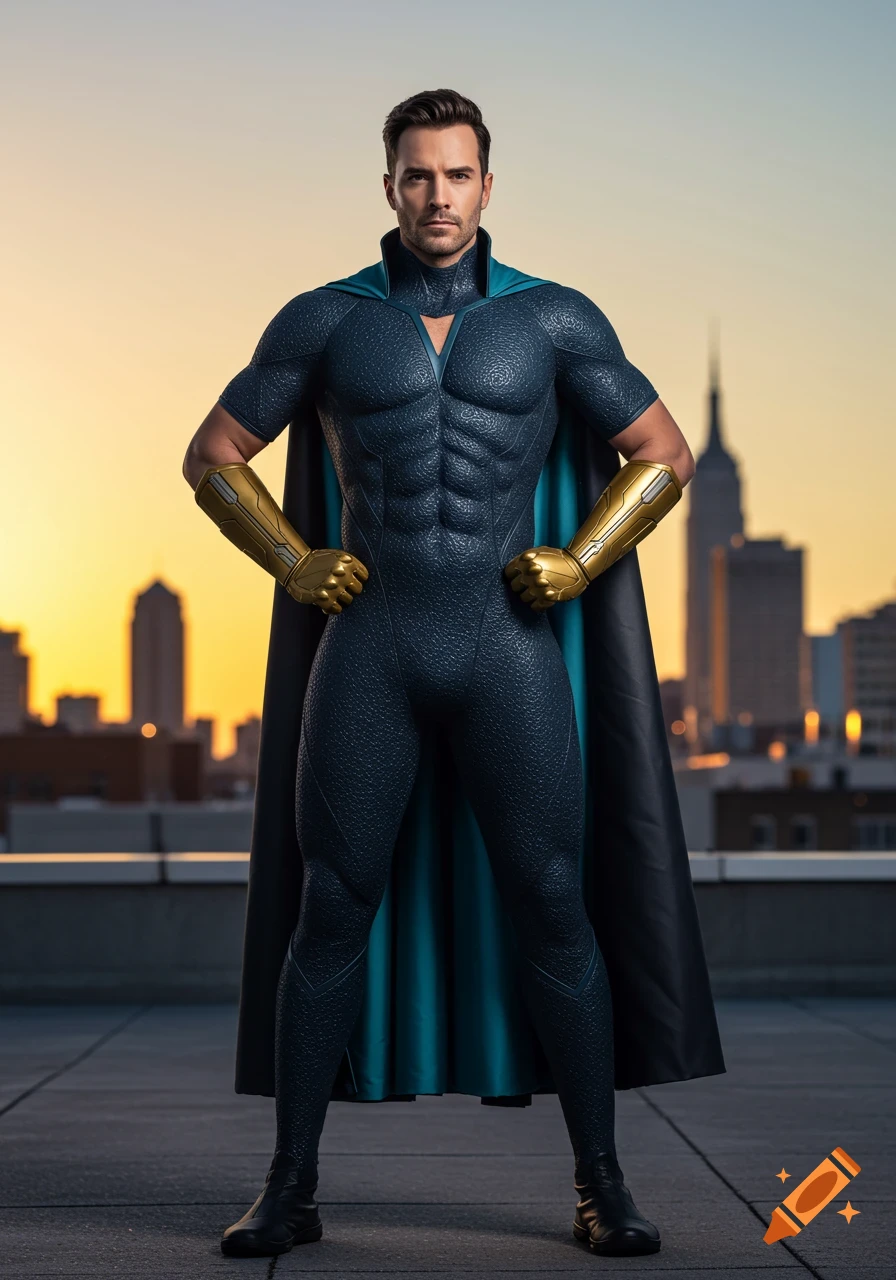 A photorealistic superhero in a dark blue textured suit, gold gauntlets, and a two-toned cape stands on a rooftop at sunset.