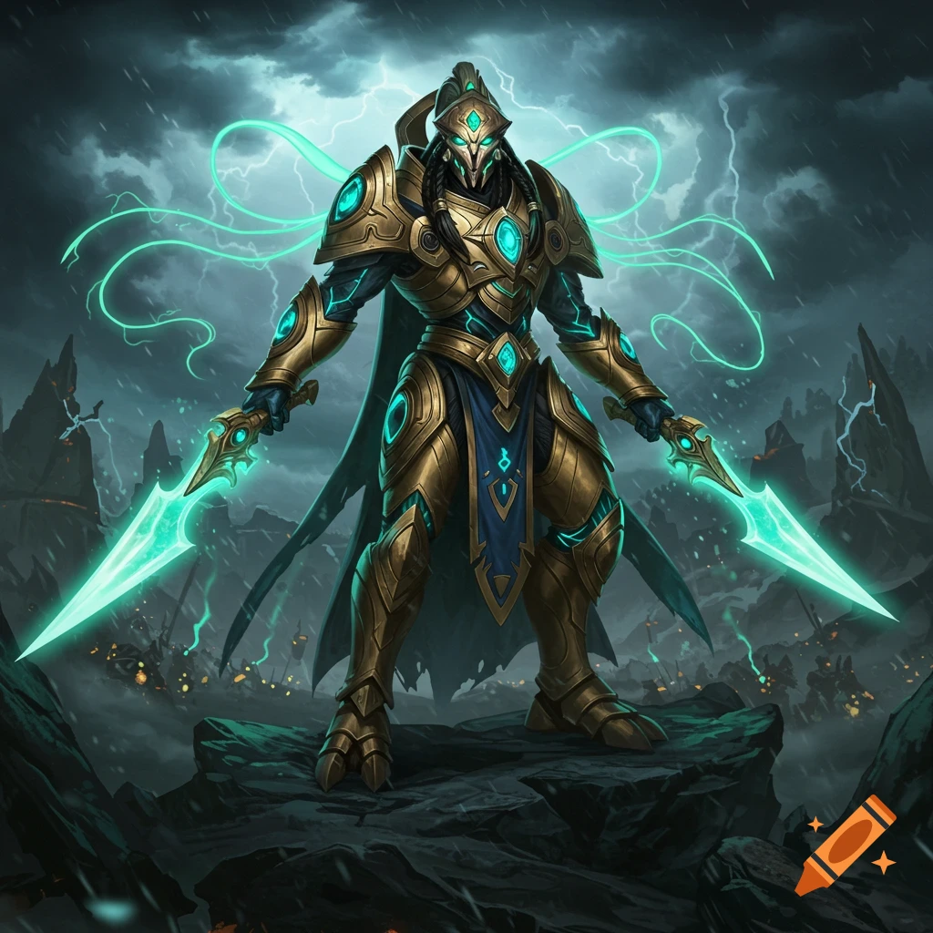 A towering warrior in golden and blue armor with glowing teal blades stands on a rocky alien battlefield under a stormy, lightning-filled sky.