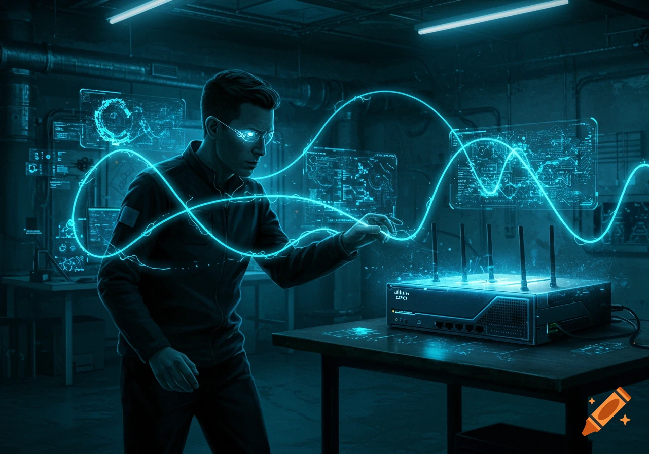 A network engineer with glowing eyes interacts with a glowing Cisco router amidst holographic screens in a dark, tech-filled room.